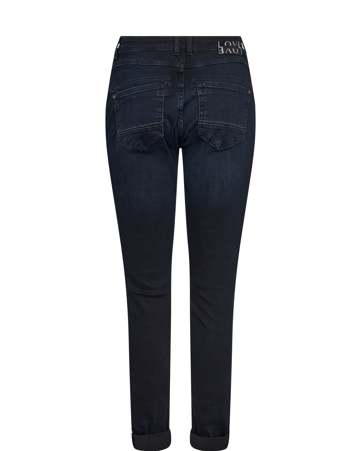 Dark blue wash slim skinny jeans with small silver metallic studs on pockets