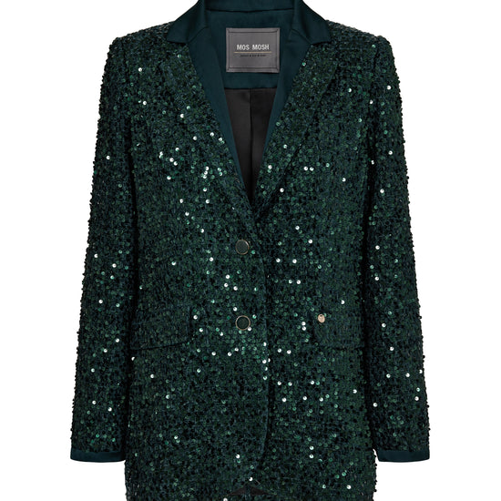 dark green sequin blazer with notch lapel and dark green buttons 