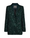 dark green sequin blazer with notch lapel and dark green buttons 