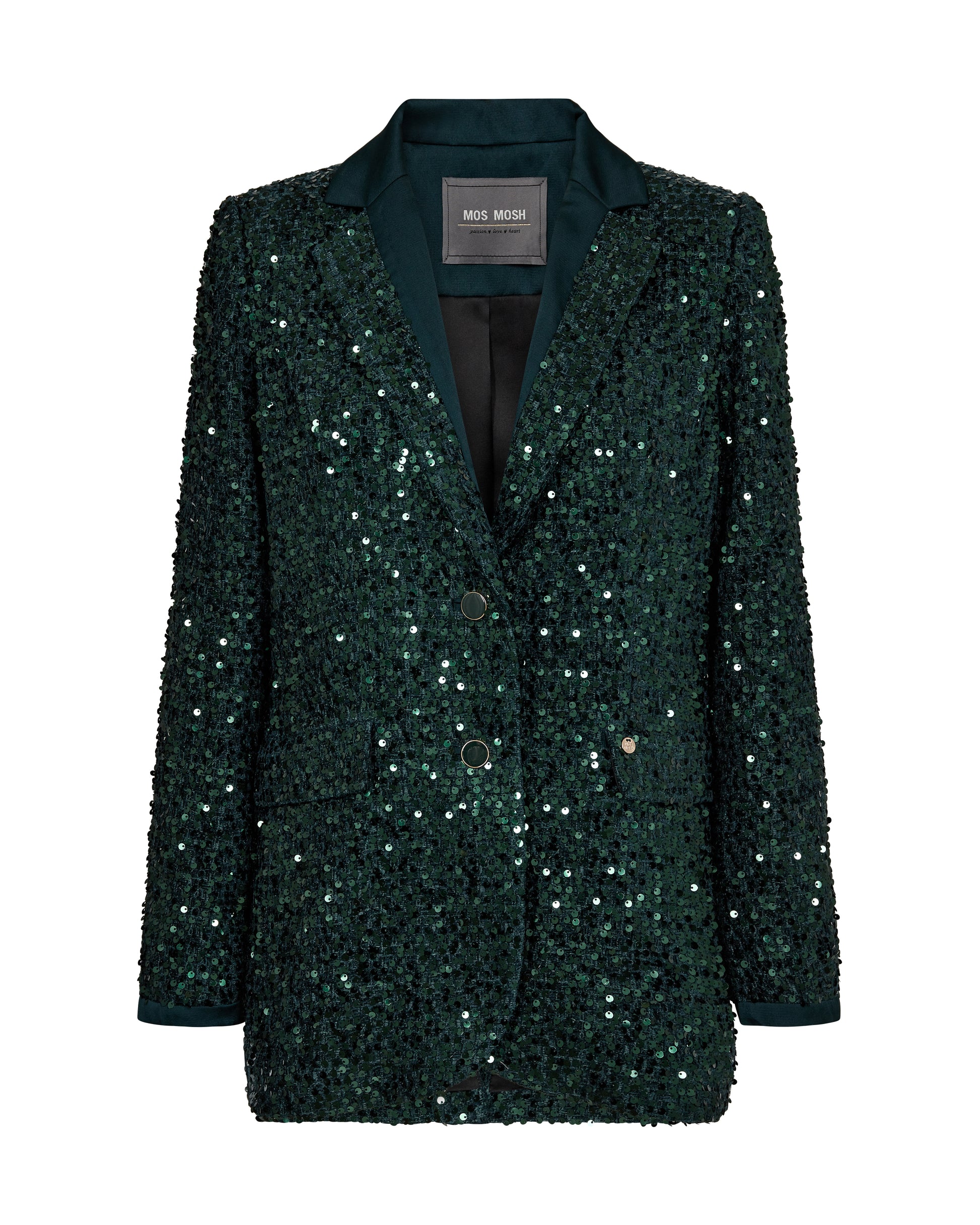 dark green sequin blazer with notch lapel and dark green buttons 