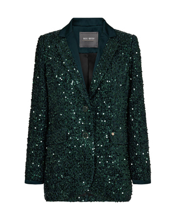 dark green sequin blazer with notch lapel and dark green buttons 