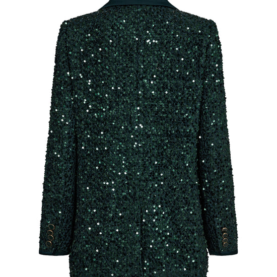 dark green sequin blazer with notch lapel and dark green buttons  rear view 