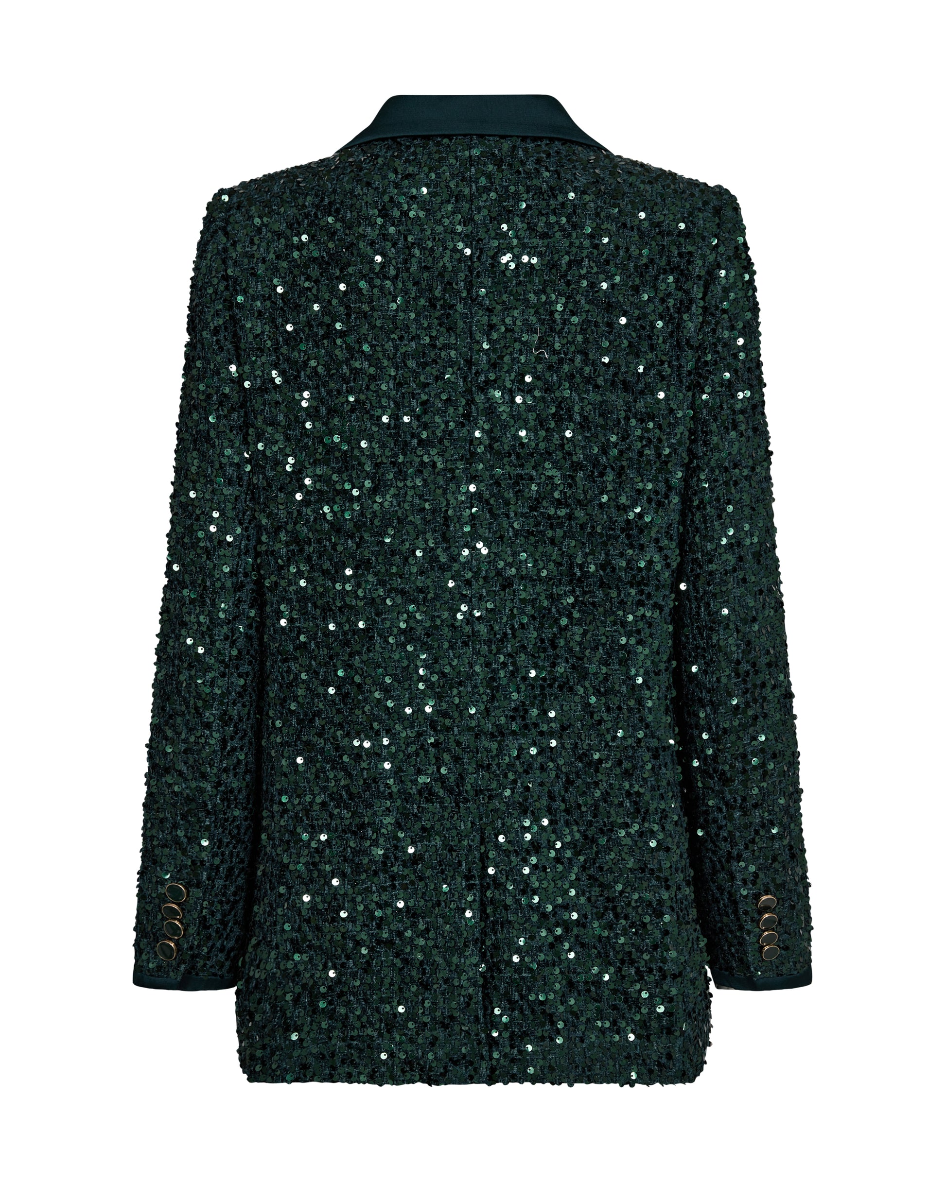 dark green sequin blazer with notch lapel and dark green buttons  rear view 