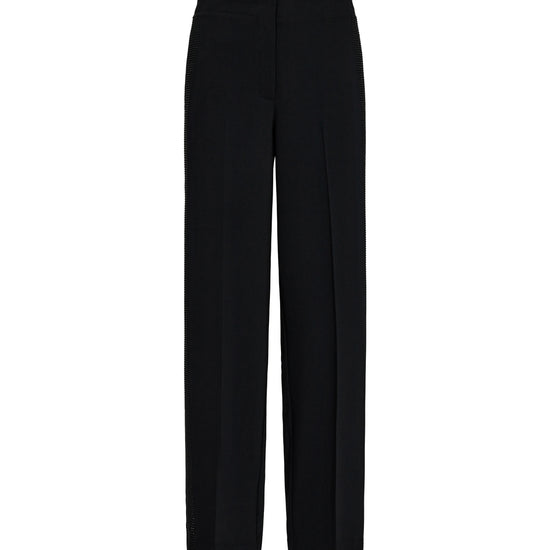 black straight leg trousers with high rise and black rhinestone strip along the sides 