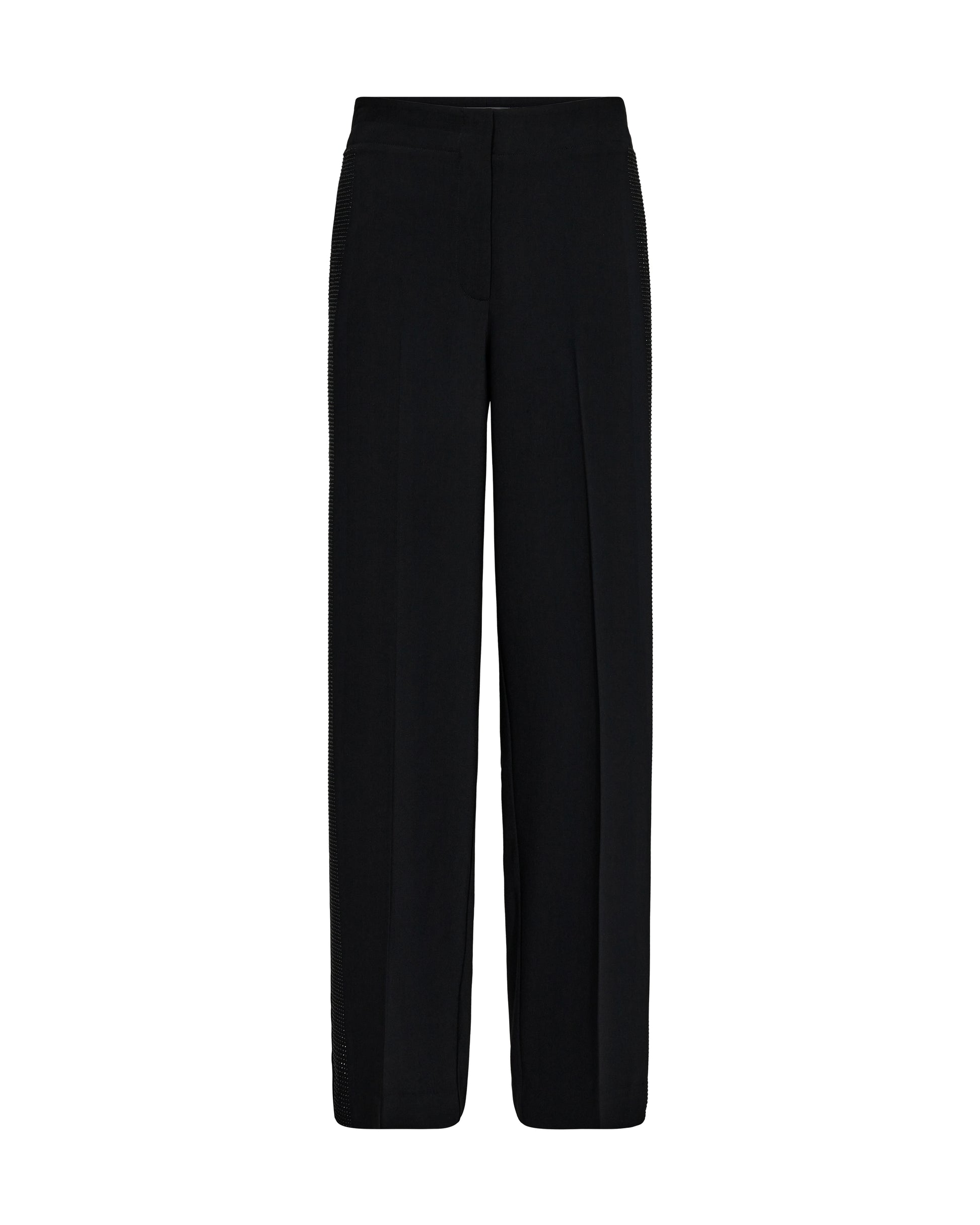 black straight leg trousers with high rise and black rhinestone strip along the sides 