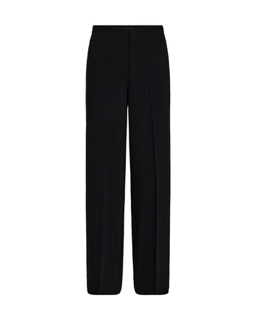 black straight leg trousers with high rise and black rhinestone strip along the sides 