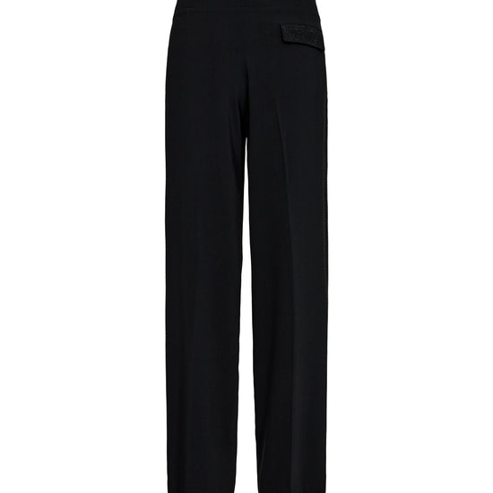 black straight leg trousers with high rise and black rhinestone strip along the sides  rear view 