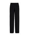 black straight leg trousers with high rise and black rhinestone strip along the sides  rear view 