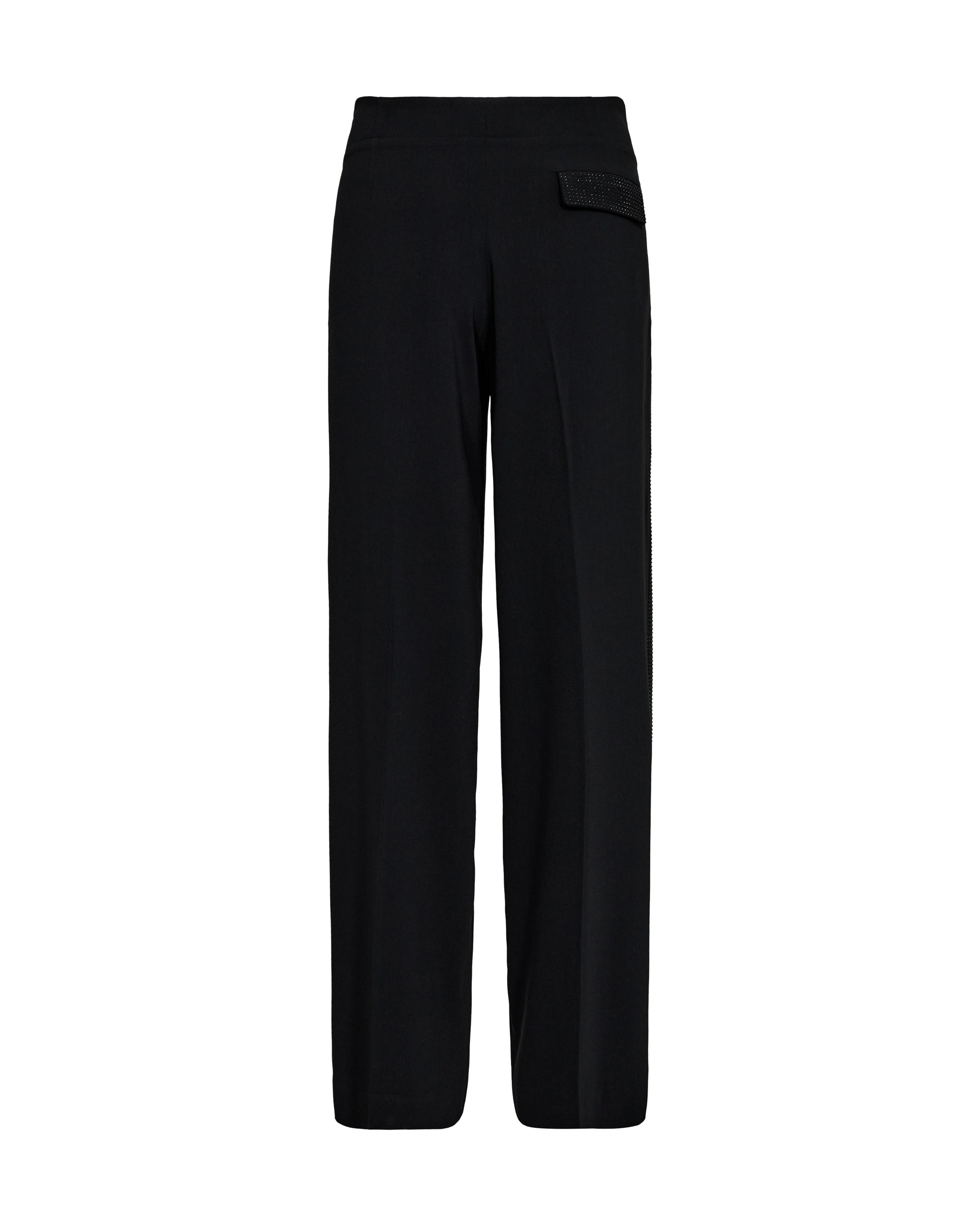 black straight leg trousers with high rise and black rhinestone strip along the sides  rear view 