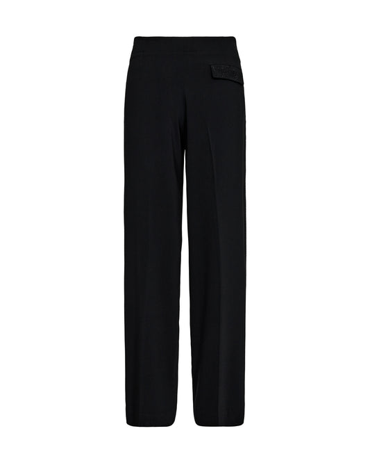 black straight leg trousers with high rise and black rhinestone strip along the sides  rear view 