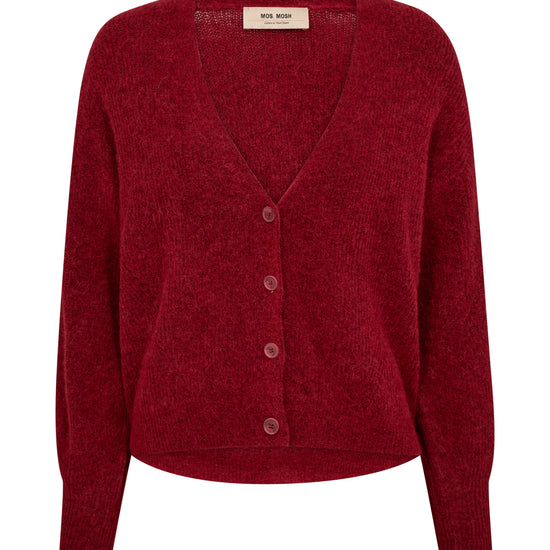 red v neck wool cardigan with red buttons and ribbed design from mos mosh