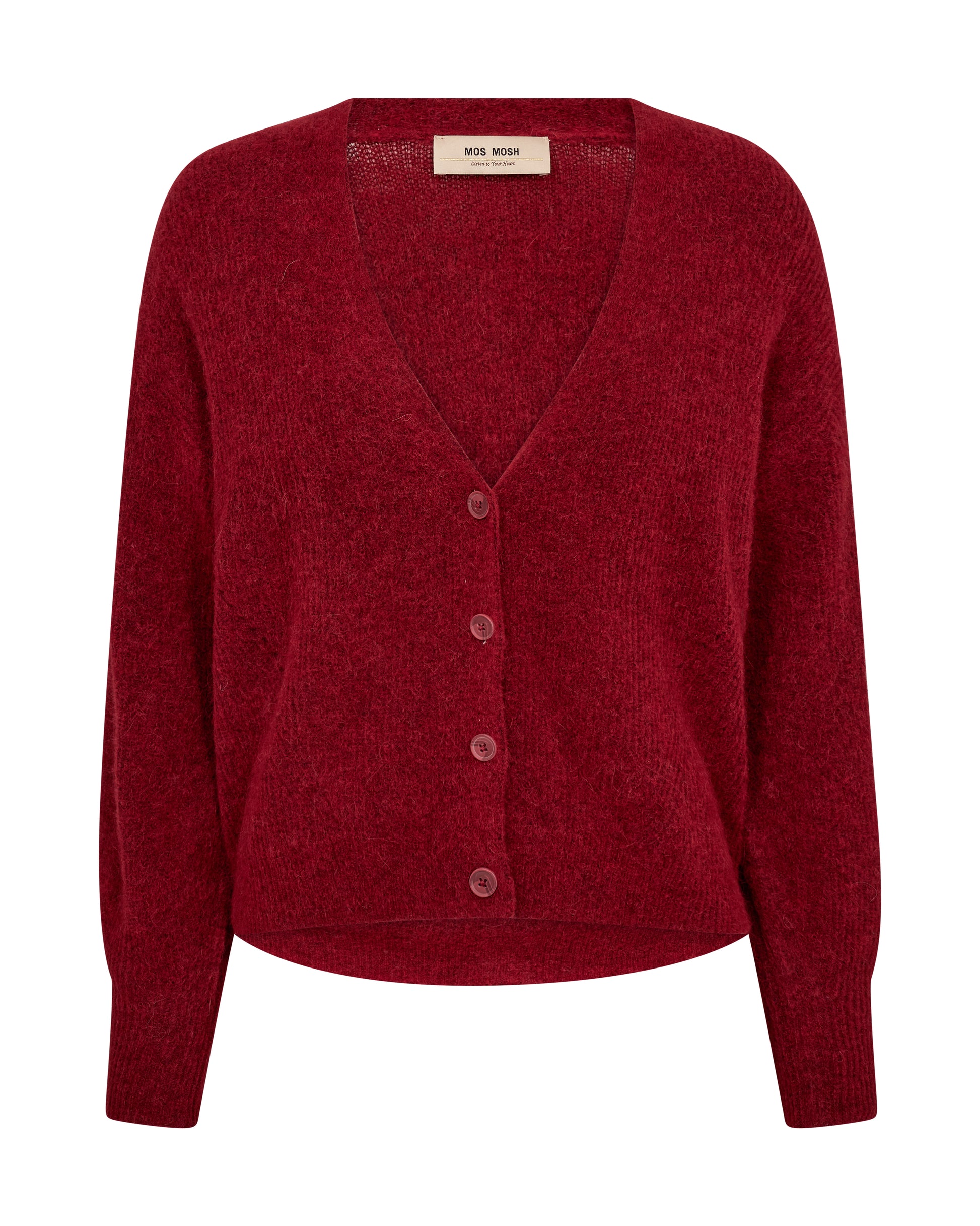 red v neck wool cardigan with red buttons and ribbed design from mos mosh