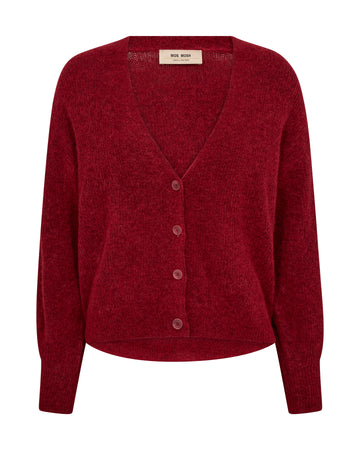 red v neck wool cardigan with red buttons and ribbed design from mos mosh
