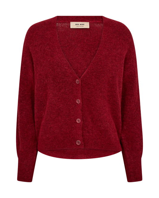 red v neck wool cardigan with red buttons and ribbed design from mos mosh