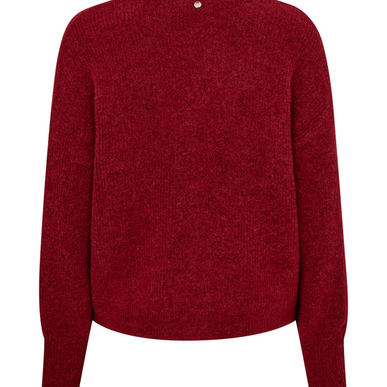 rear view red v neck wool cardigan with red buttons and ribbed design from mos mosh