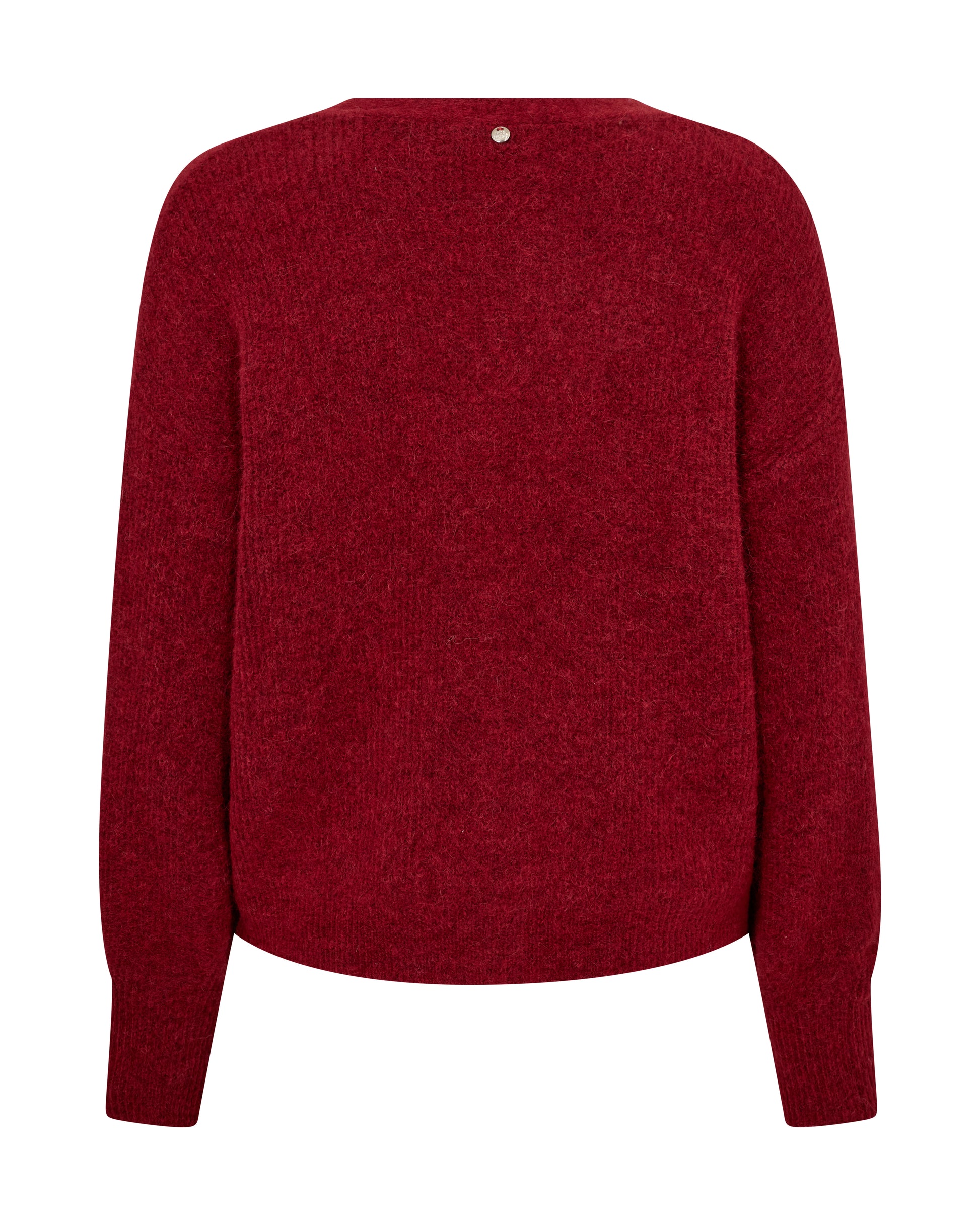 rear view red v neck wool cardigan with red buttons and ribbed design from mos mosh