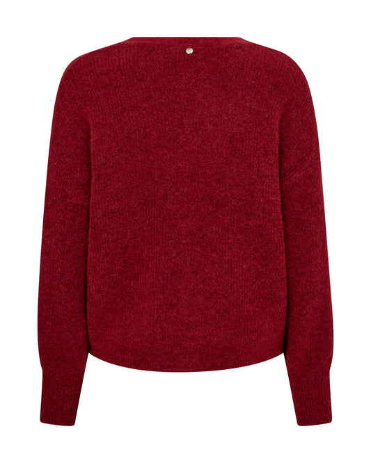 rear view red v neck wool cardigan with red buttons and ribbed design from mos mosh