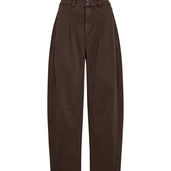 brown barrel leg jeans with pleated front and double button closure 