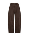 brown barrel leg jeans with pleated front and double button closure 