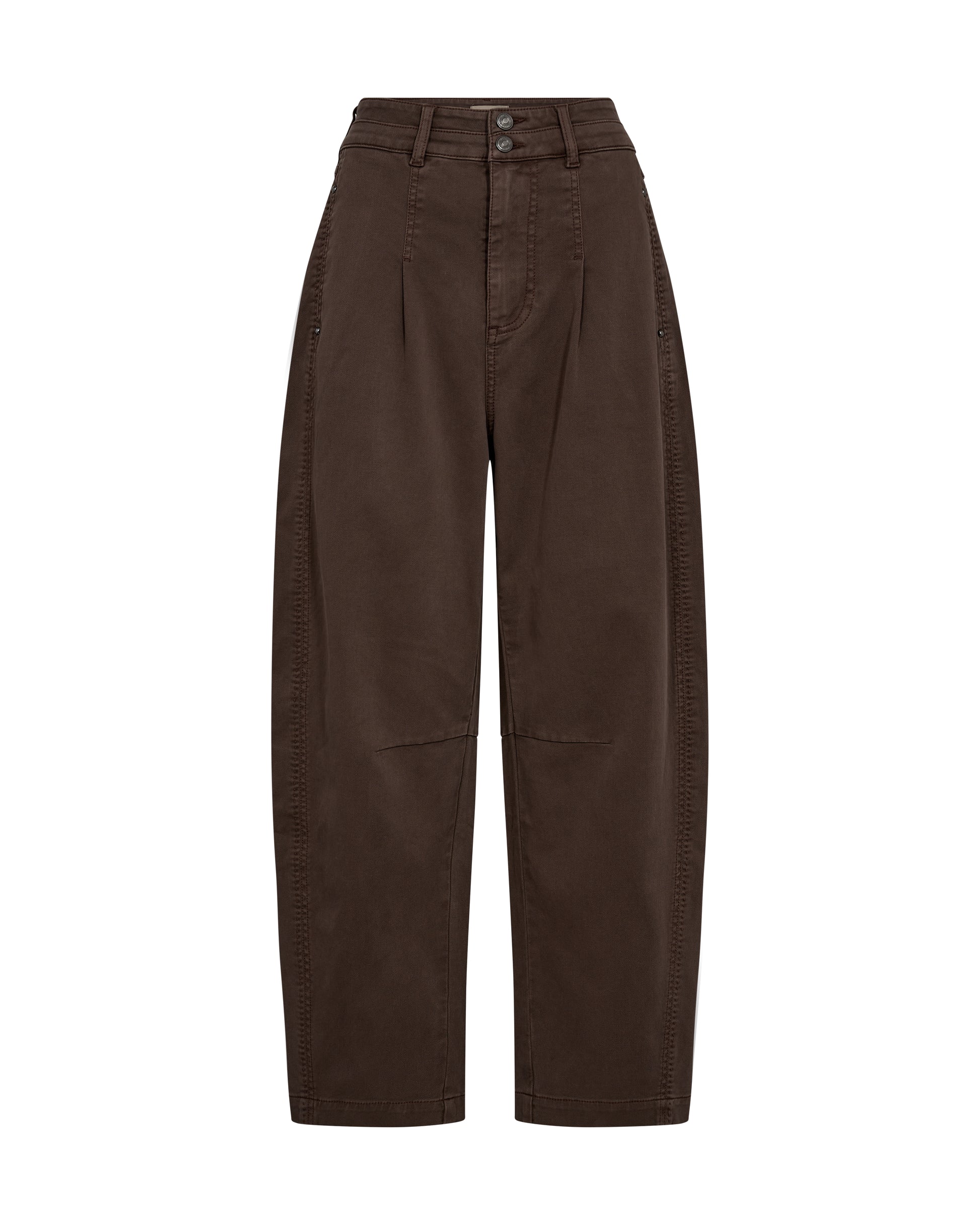 brown barrel leg jeans with pleated front and double button closure 