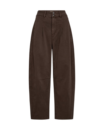 brown barrel leg jeans with pleated front and double button closure 