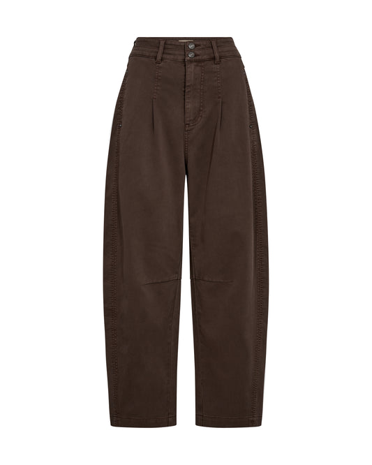 brown barrel leg jeans with pleated front and double button closure 