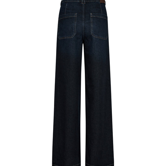 wide leg jeans with front pocket, centre front seam rear view 