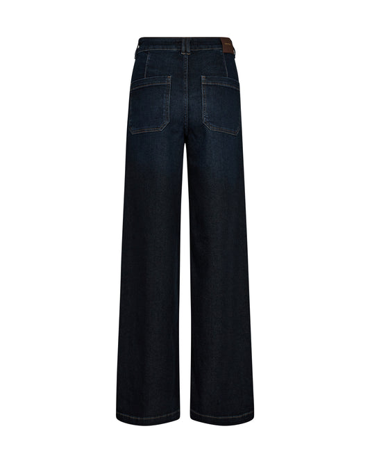 wide leg jeans with front pocket, centre front seam rear view 