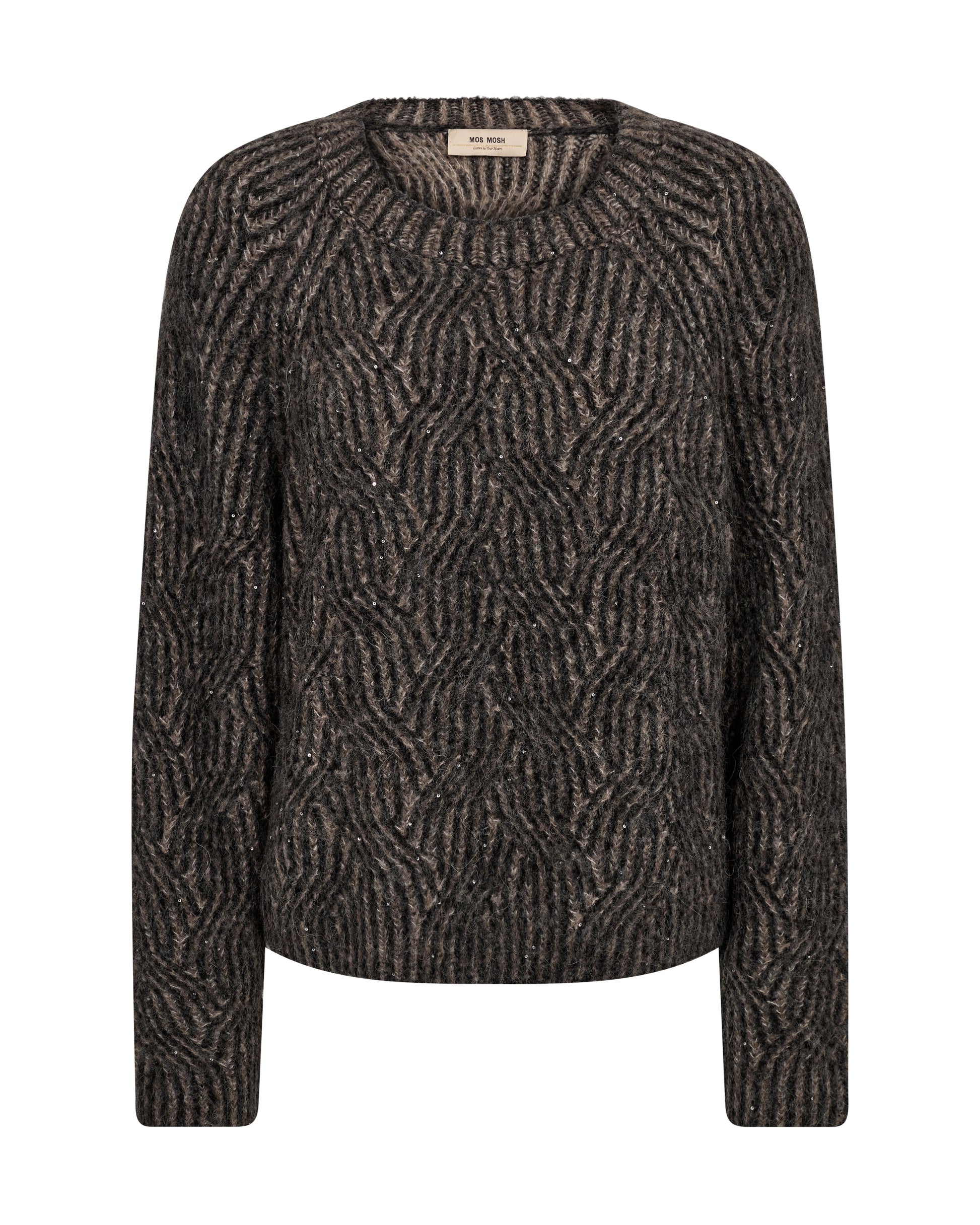 round neck wool patterned sequin black jumper with long sleeves and crew neck from Mos Mosh