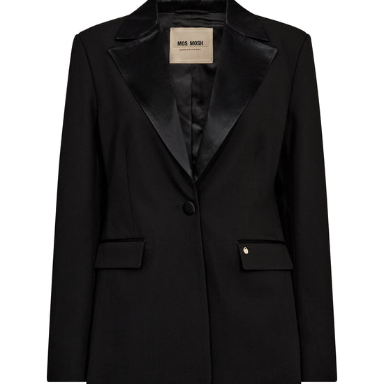 black single satin lapel blazer with single covered buttons and 2 welt flat pockets