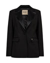 black single satin lapel blazer with single covered buttons and 2 welt flat pockets