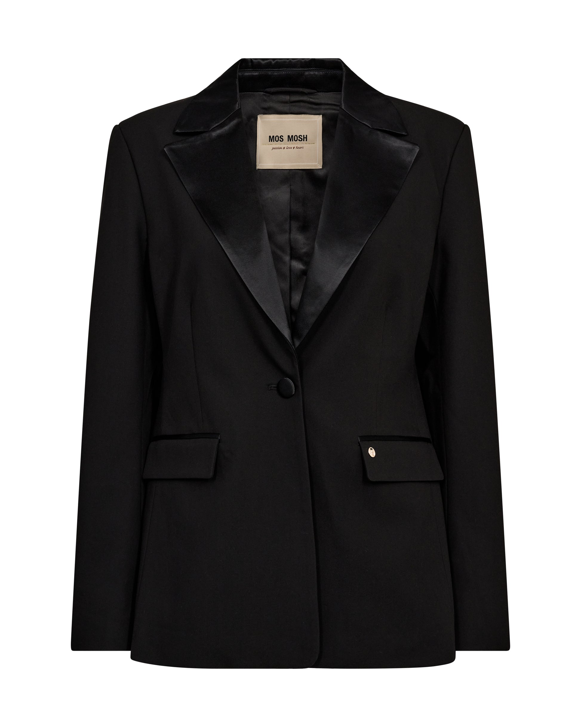 black single satin lapel blazer with single covered buttons and 2 welt flat pockets