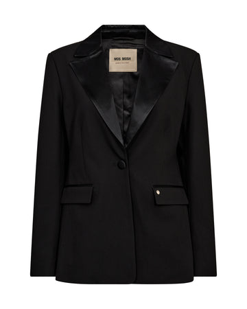 black single satin lapel blazer with single covered buttons and 2 welt flat pockets