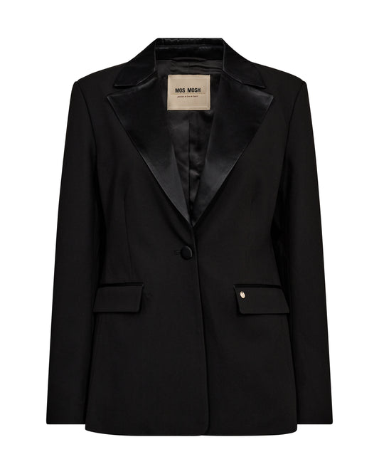 black single satin lapel blazer with single covered buttons and 2 welt flat pockets