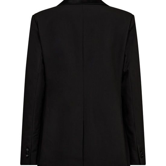 black single satin lapel blazer with single covered buttons and 2 welt flat pockets rear view