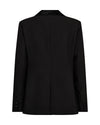 black single satin lapel blazer with single covered buttons and 2 welt flat pockets rear view