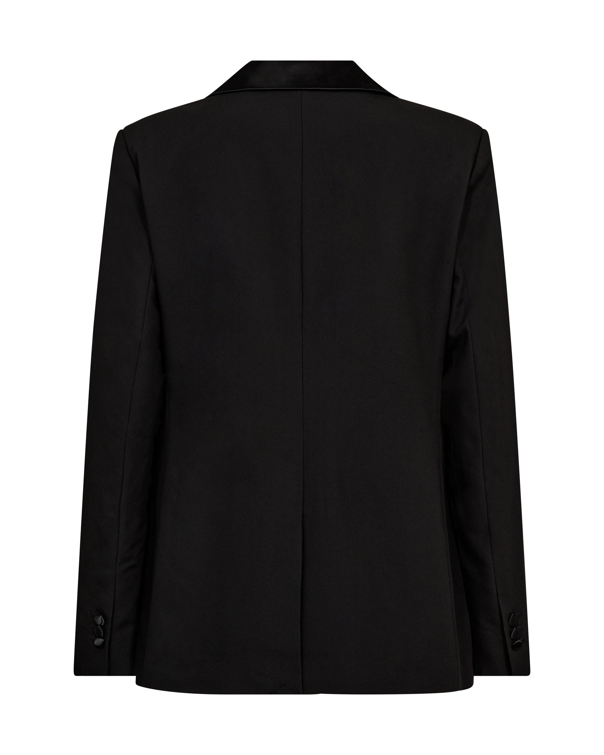 black single satin lapel blazer with single covered buttons and 2 welt flat pockets rear view