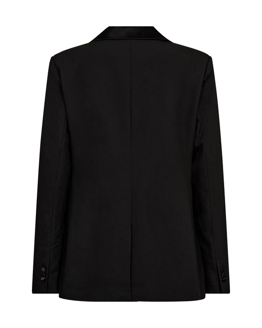 black single satin lapel blazer with single covered buttons and 2 welt flat pockets rear view