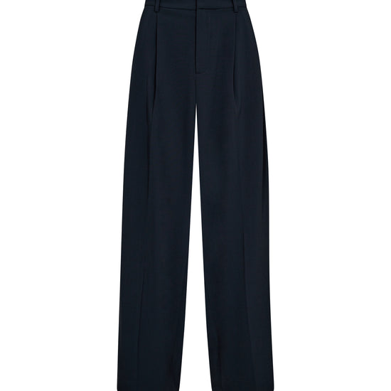 navy wide leg suit trousers with pleat along the centre