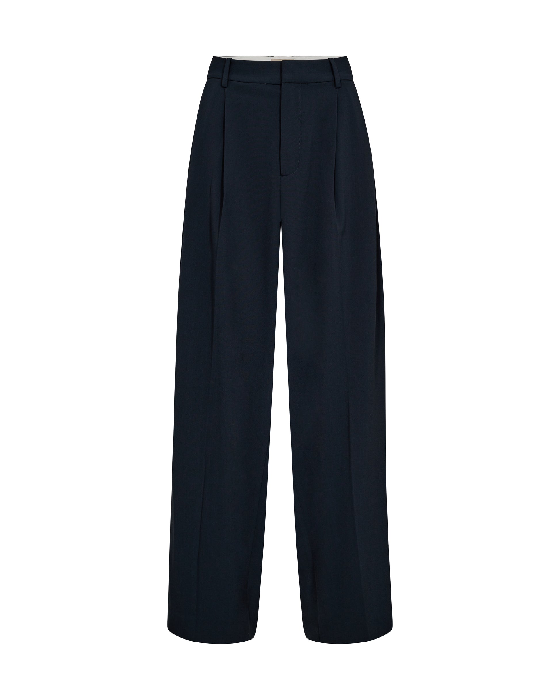 navy wide leg suit trousers with pleat along the centre