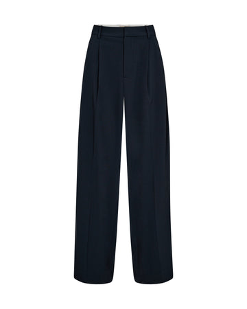 navy wide leg suit trousers with pleat along the centre