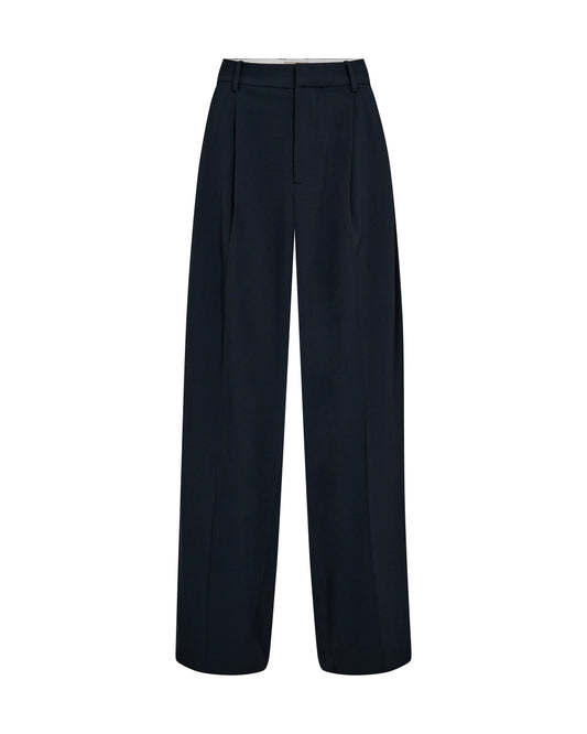 navy wide leg suit trousers with pleat along the centre