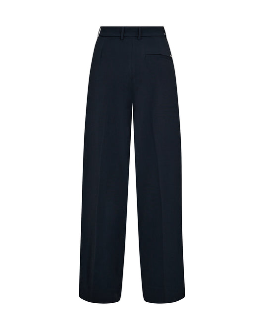 navy wide leg suit trousers with pleat along the centre rear view