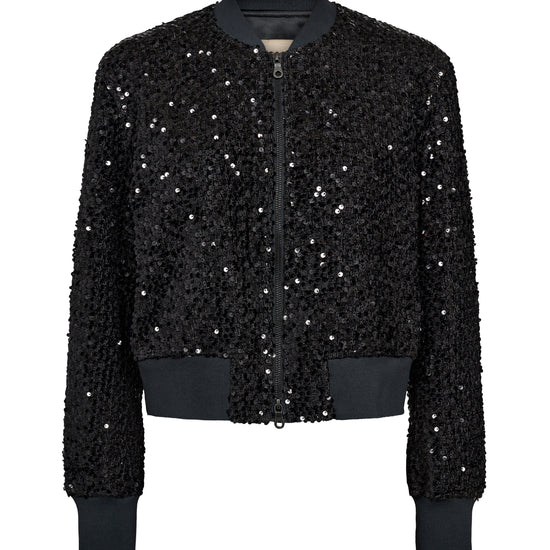 Black bomber jacket with sequins all over and central zip
