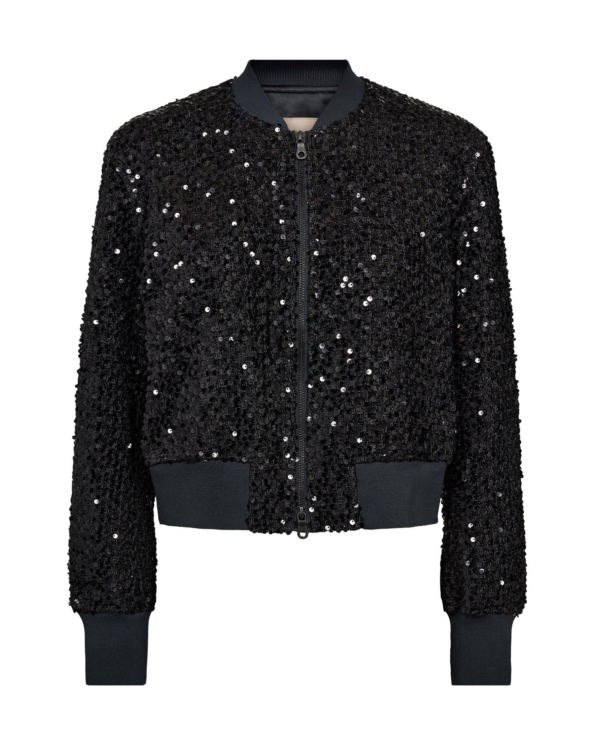 Black bomber jacket with sequins all over and central zip
