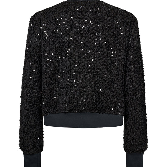 Black bomber jacket with sequins all over and central zip rear view 