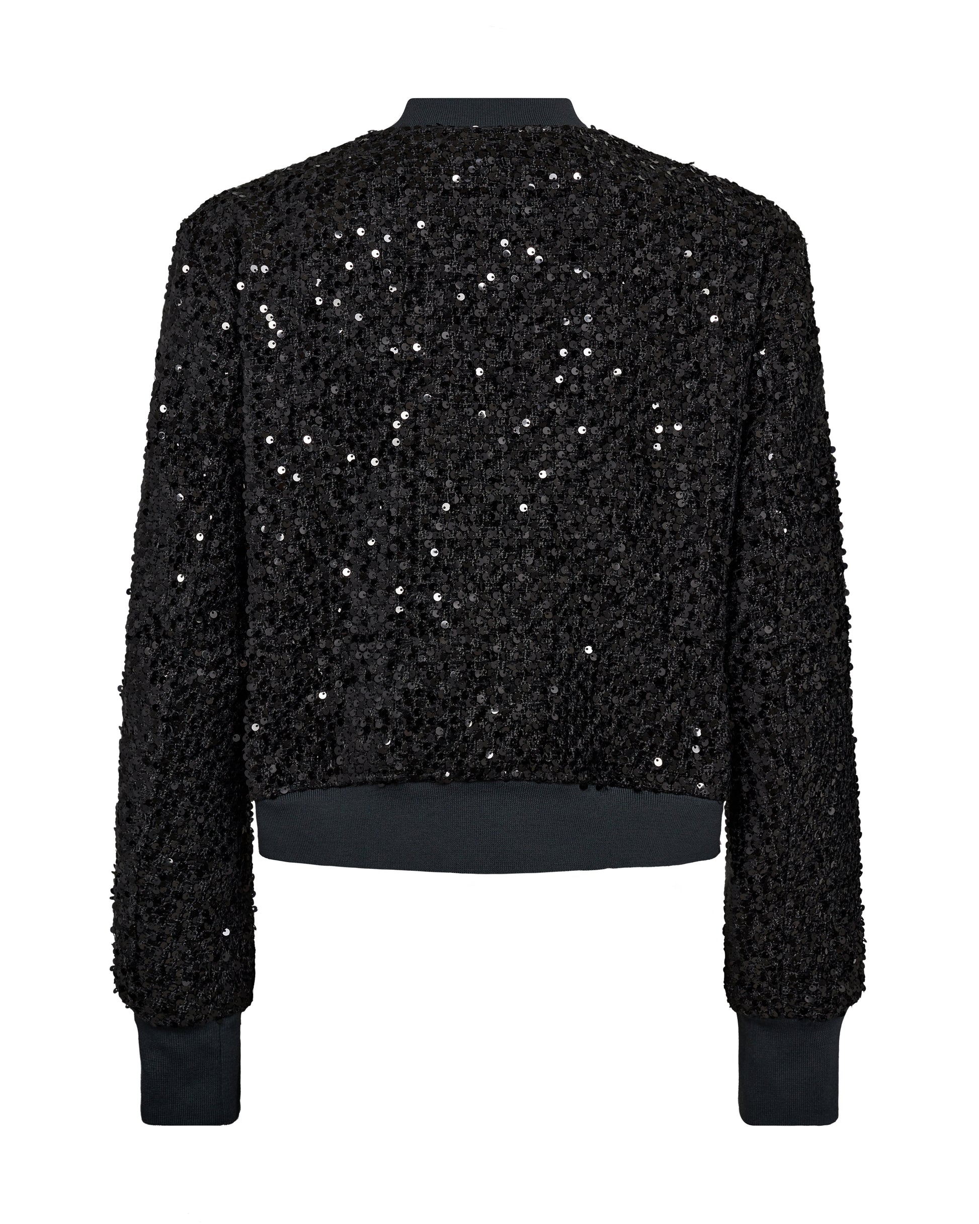 Black bomber jacket with sequins all over and central zip rear view 
