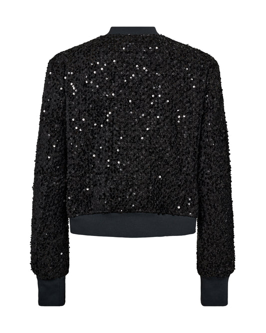 Black bomber jacket with sequins all over and central zip rear view 
