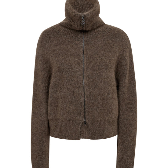 high neck chocolate brown wool zip jumper with ribbing and split at the front from mos mosh