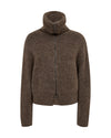 high neck chocolate brown wool zip jumper with ribbing and split at the front from mos mosh